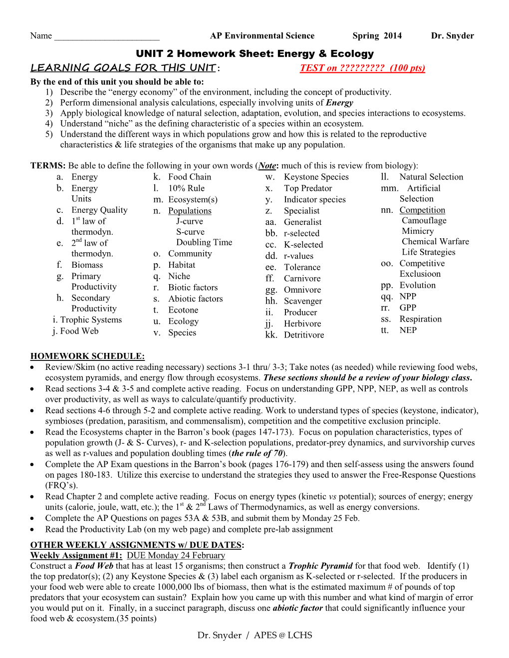 UNIT 2 Homework Sheet: Energy & Ecology LEARNING GOALS FOR