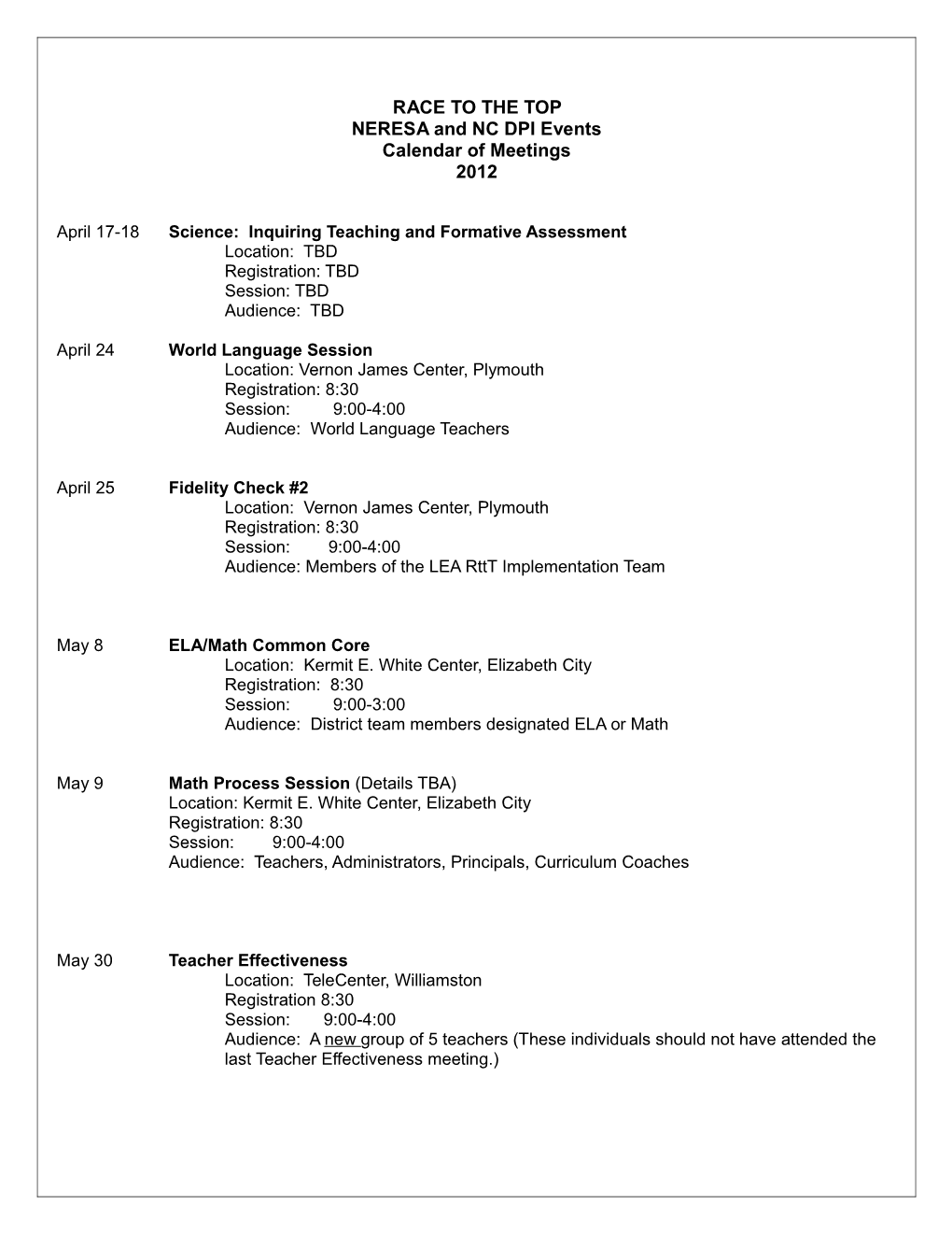 NERESA and NC DPI Events Calendar of Meetings