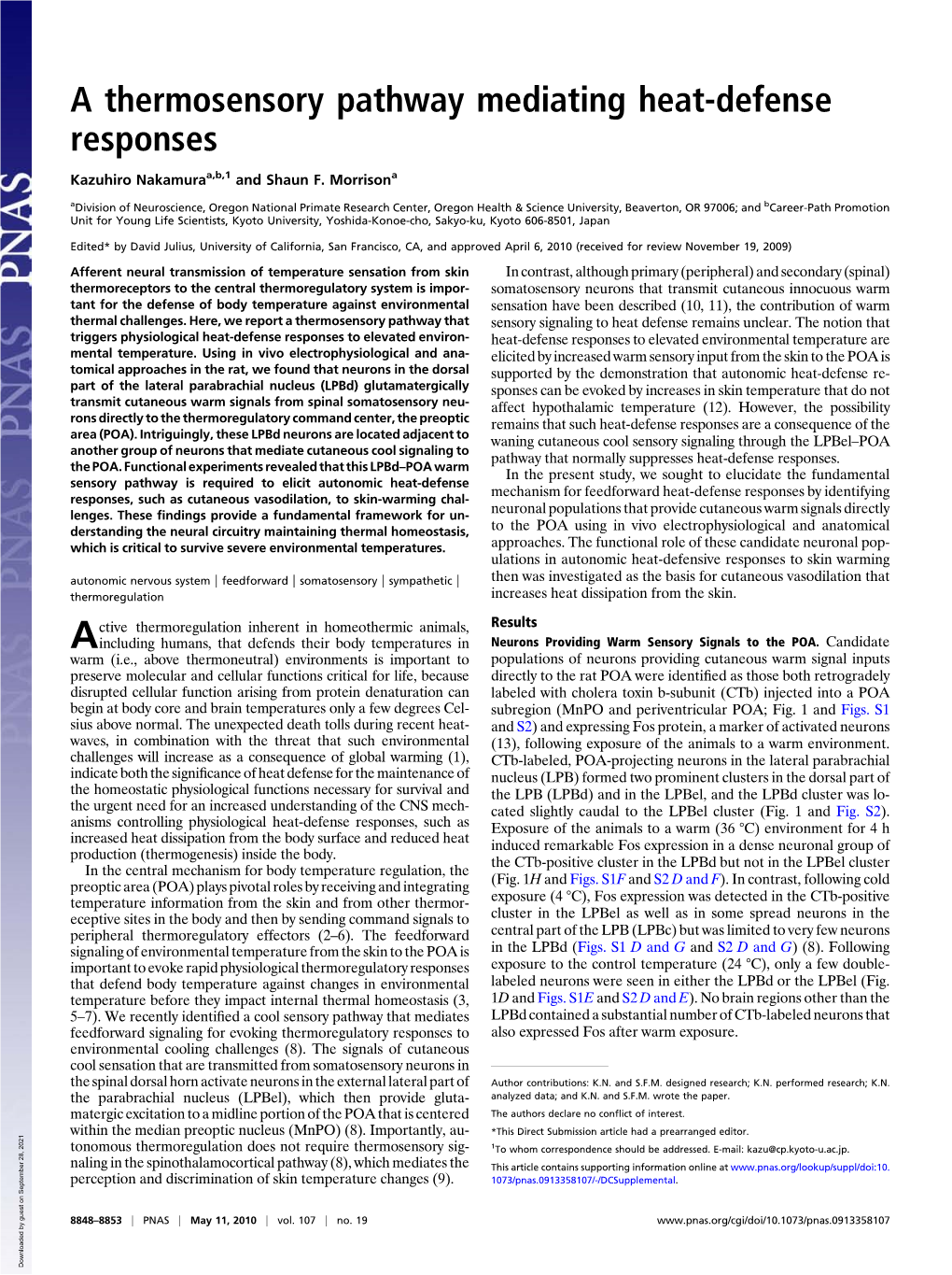 A Thermosensory Pathway Mediating Heat-Defense Responses