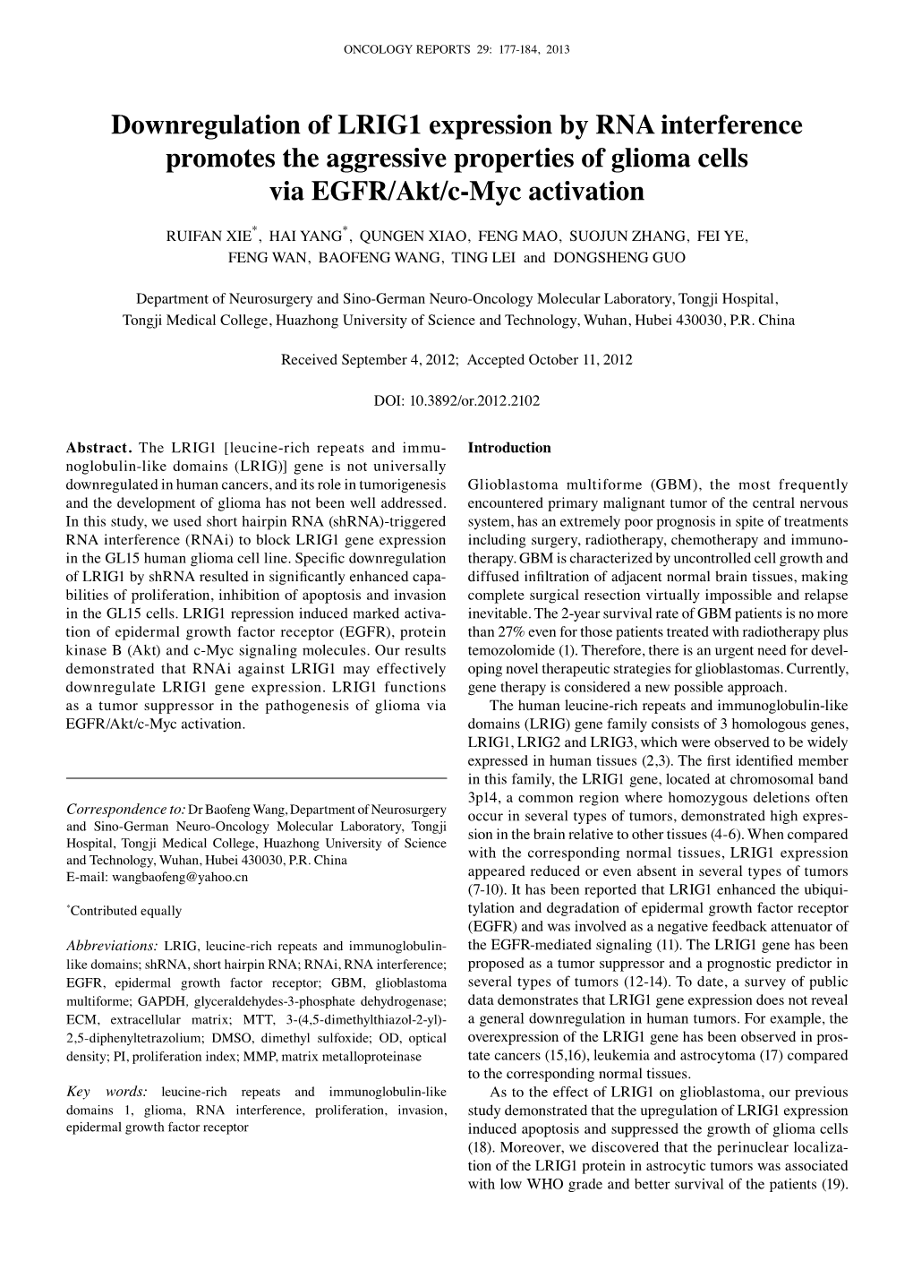 Downregulation of LRIG1 Expression by RNA Interference Promotes the Aggressive Properties of Glioma Cells Via EGFR/Akt/C-Myc Activation