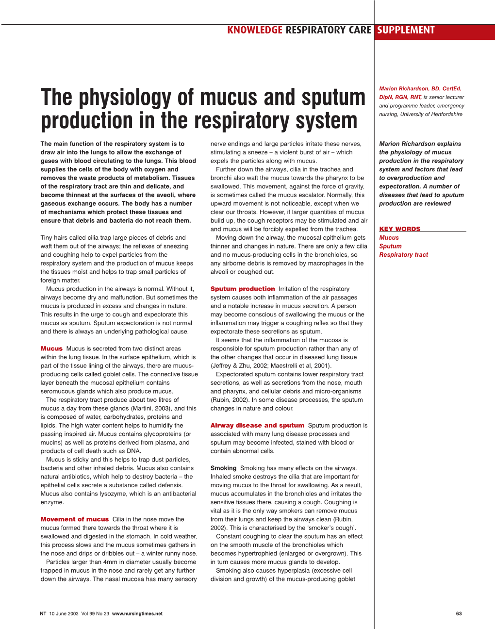 The Physiology of Mucus and Sputum Production in the Respiratory System