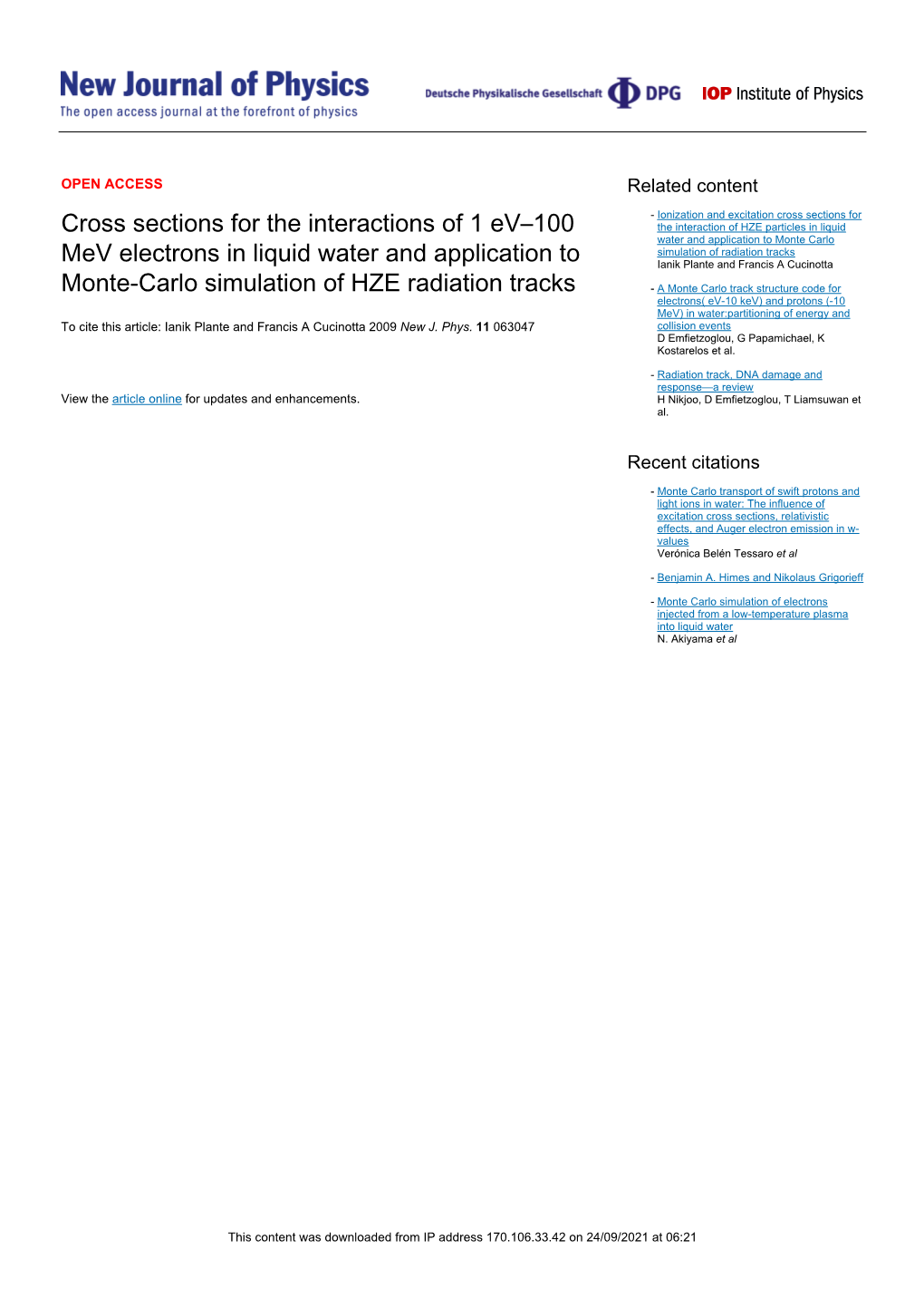 Cross Sections for the Interactions of 1 Ev–100 Mev Electrons in Liquid Water and Application to Monte-Carlo Simulation of HZE Radiation Tracks