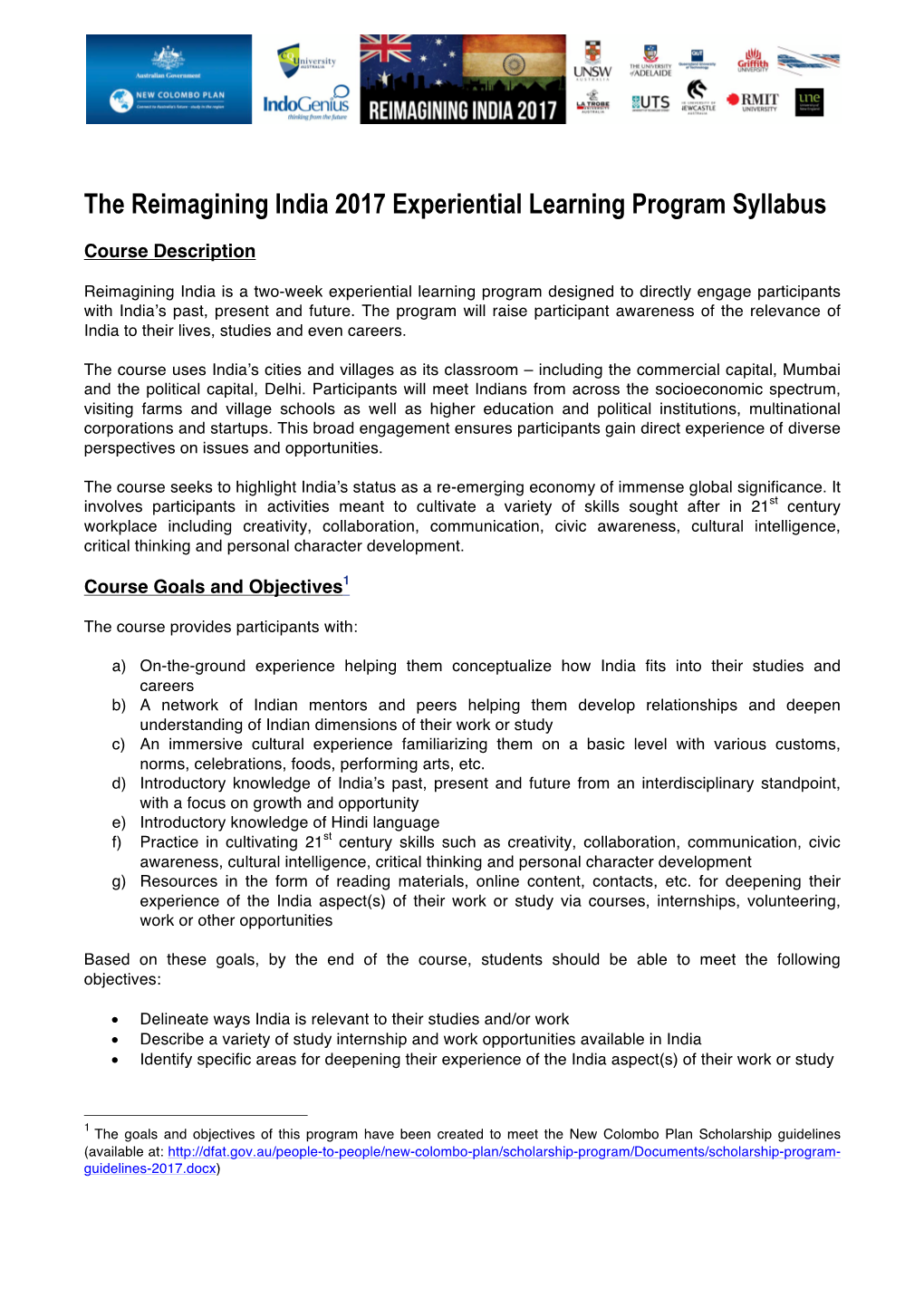 The Reimagining India 2017 Experiential Learning Program Syllabus