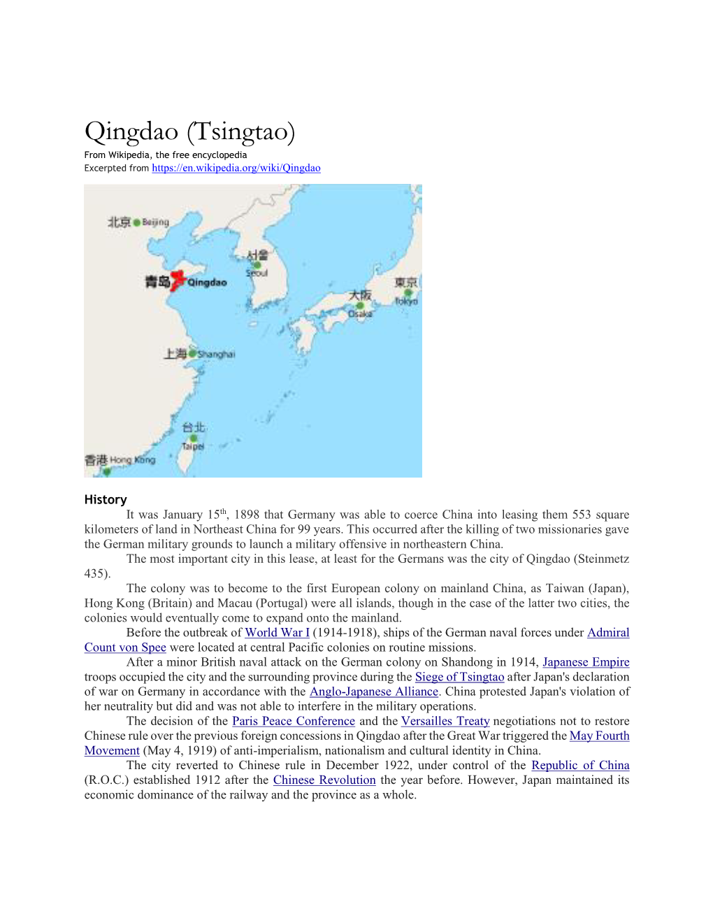 Qingdao (Tsingtao) from Wikipedia, the Free Encyclopedia Excerpted From