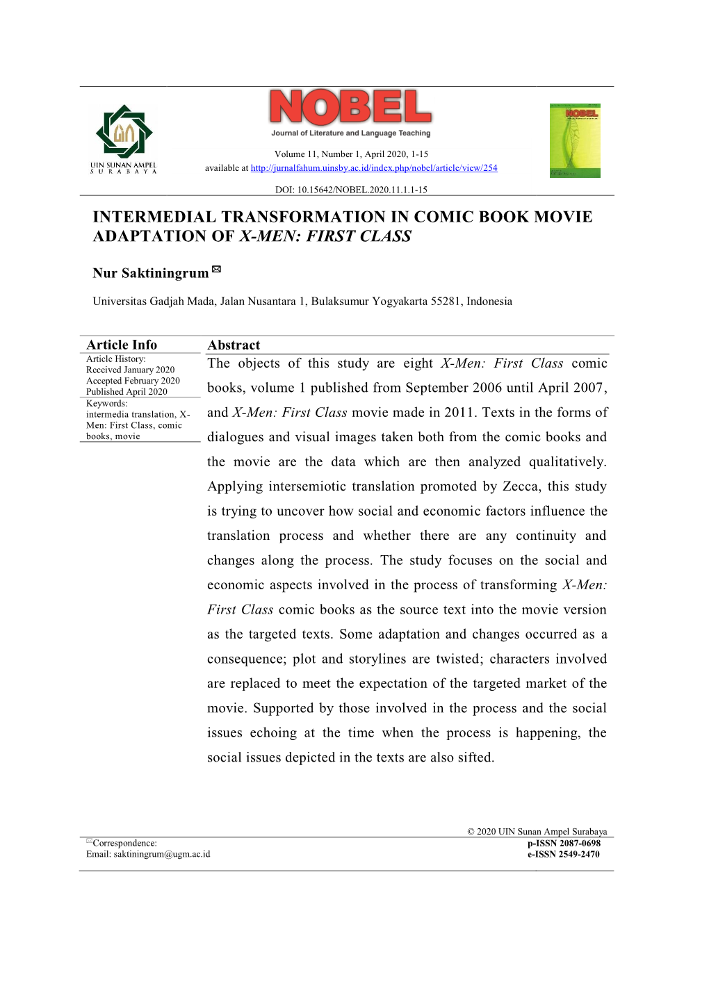 Intermedial Transformation in Comic Book Movie Adaptation of X-Men: First Class