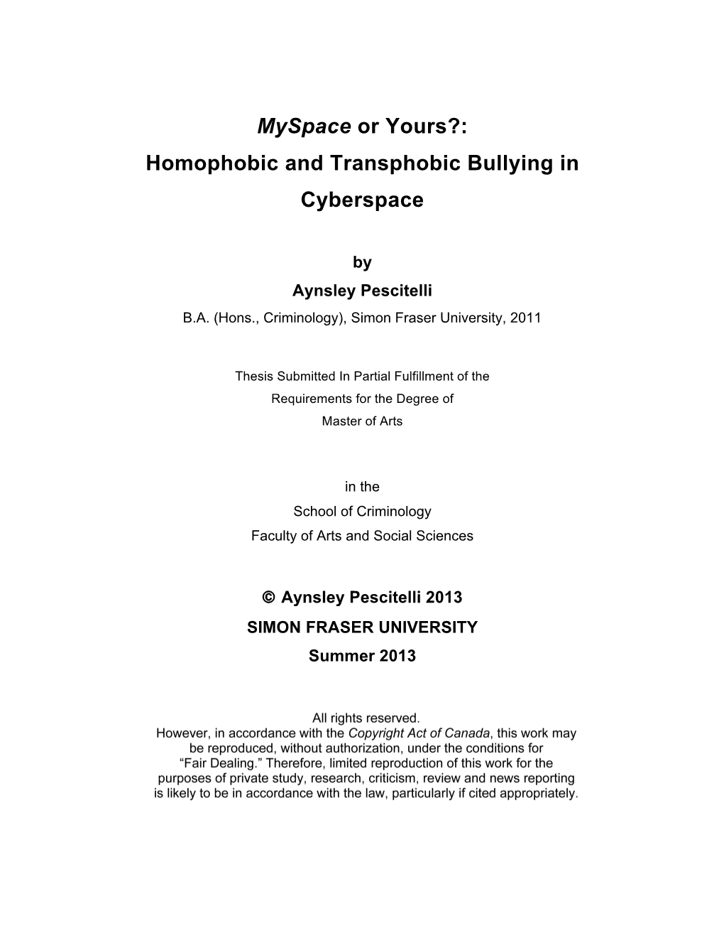 Myspace Or Yours?: Homophobic and Transphobic Bullying in Cyberspace