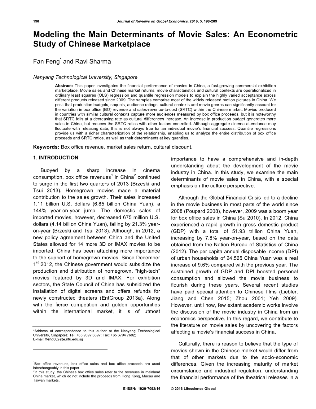 Modeling the Main Determinants of Movie Sales: an Econometric Study of Chinese Marketplace