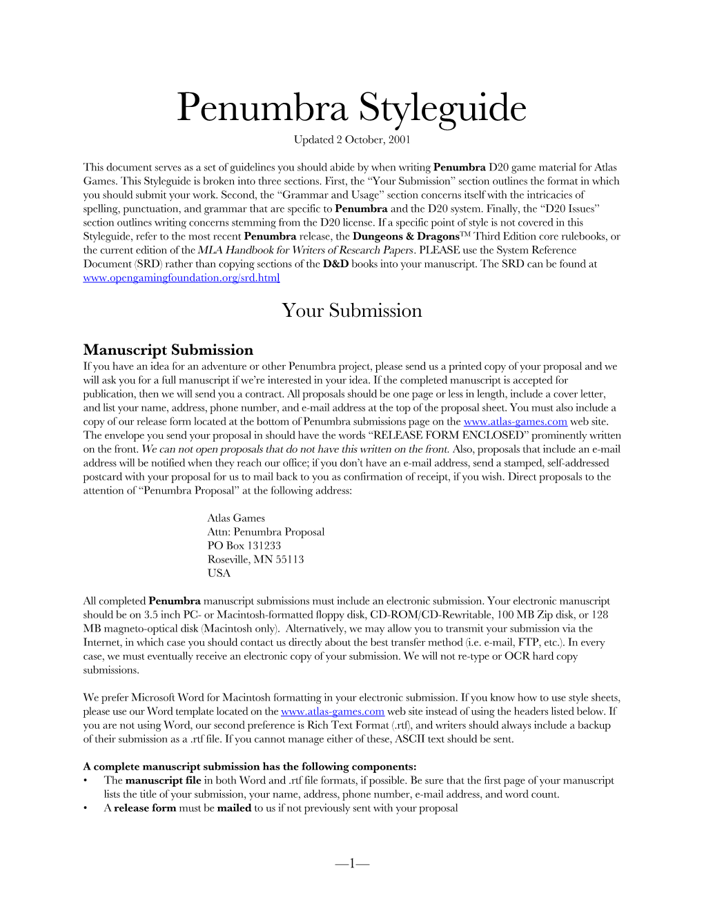 Penumbra Styleguide Updated 2 October, 2001