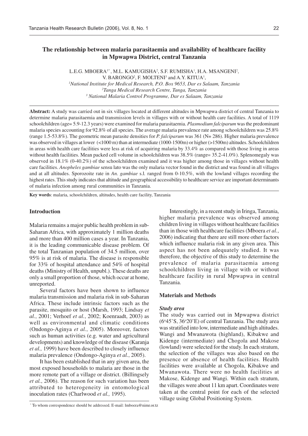 The Relationship Between Malaria Parasitaemia and Availability of Healthcare Facility in Mpwapwa District, Central Tanzania