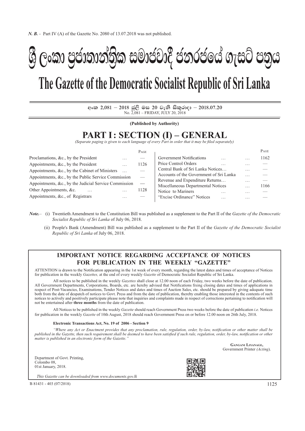 YS% ,Xld M%Cd;Dka;S%L Iudcjd§ Ckrcfha .Eiü M;%H the Gazette of the Democratic Socialist Republic of Sri Lanka