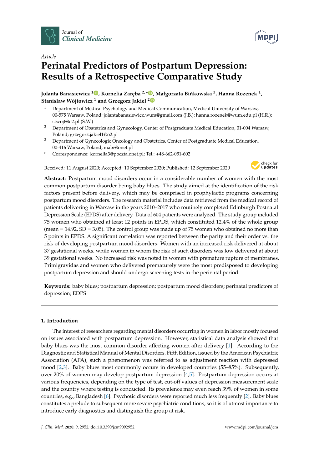 Perinatal Predictors of Postpartum Depression: Results of a Retrospective Comparative Study