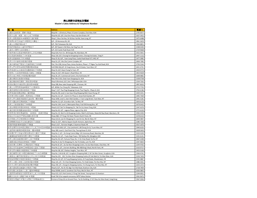 美心西餅分店地址及電話maxim's Cakes Address & Telephone Number