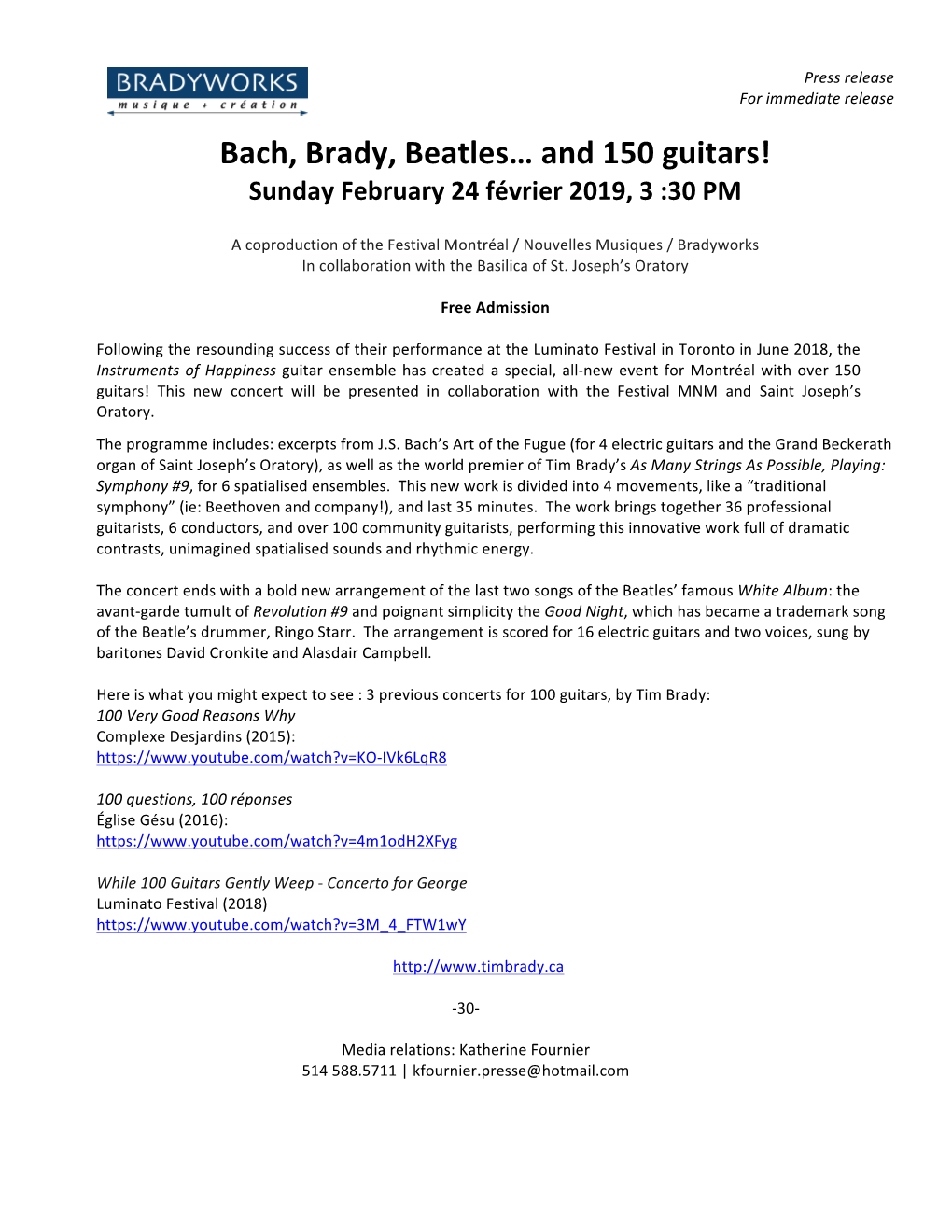 Bach, Brady, Beatles… and 150 Guitars! Sunday February 24 Février 2019, 3 :30 PM