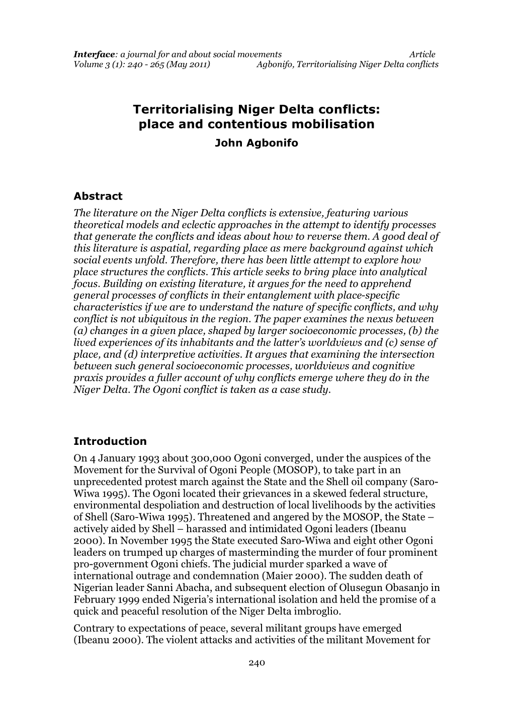 Territorialising Niger Delta Conflicts: Place and Contentious Mobilisation John Agbonifo