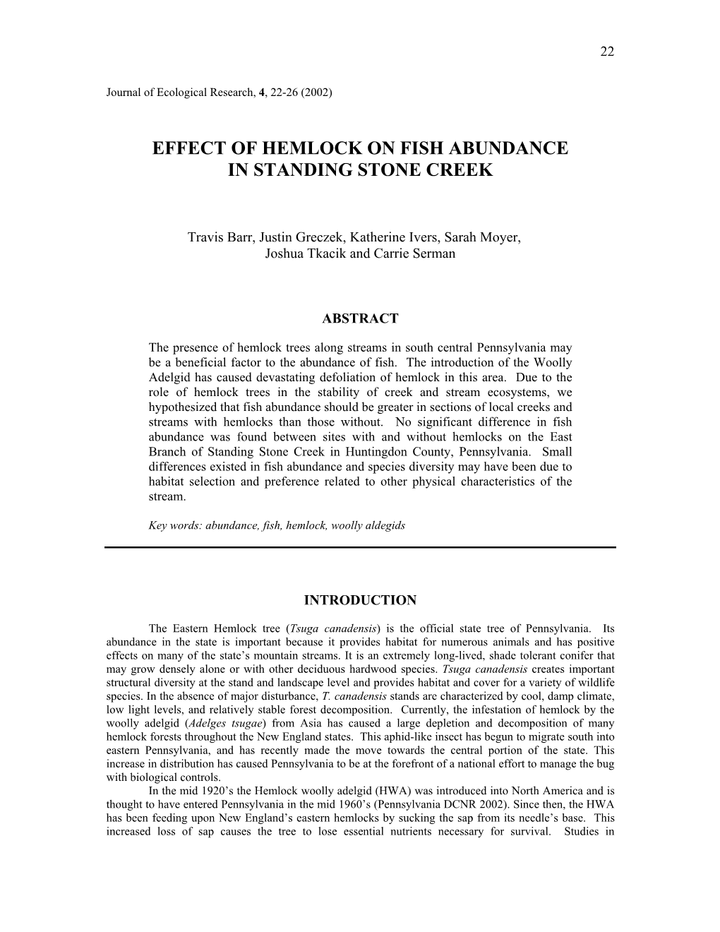 Effect of Hemlock on Fish Abundance in Standing Stone Creek