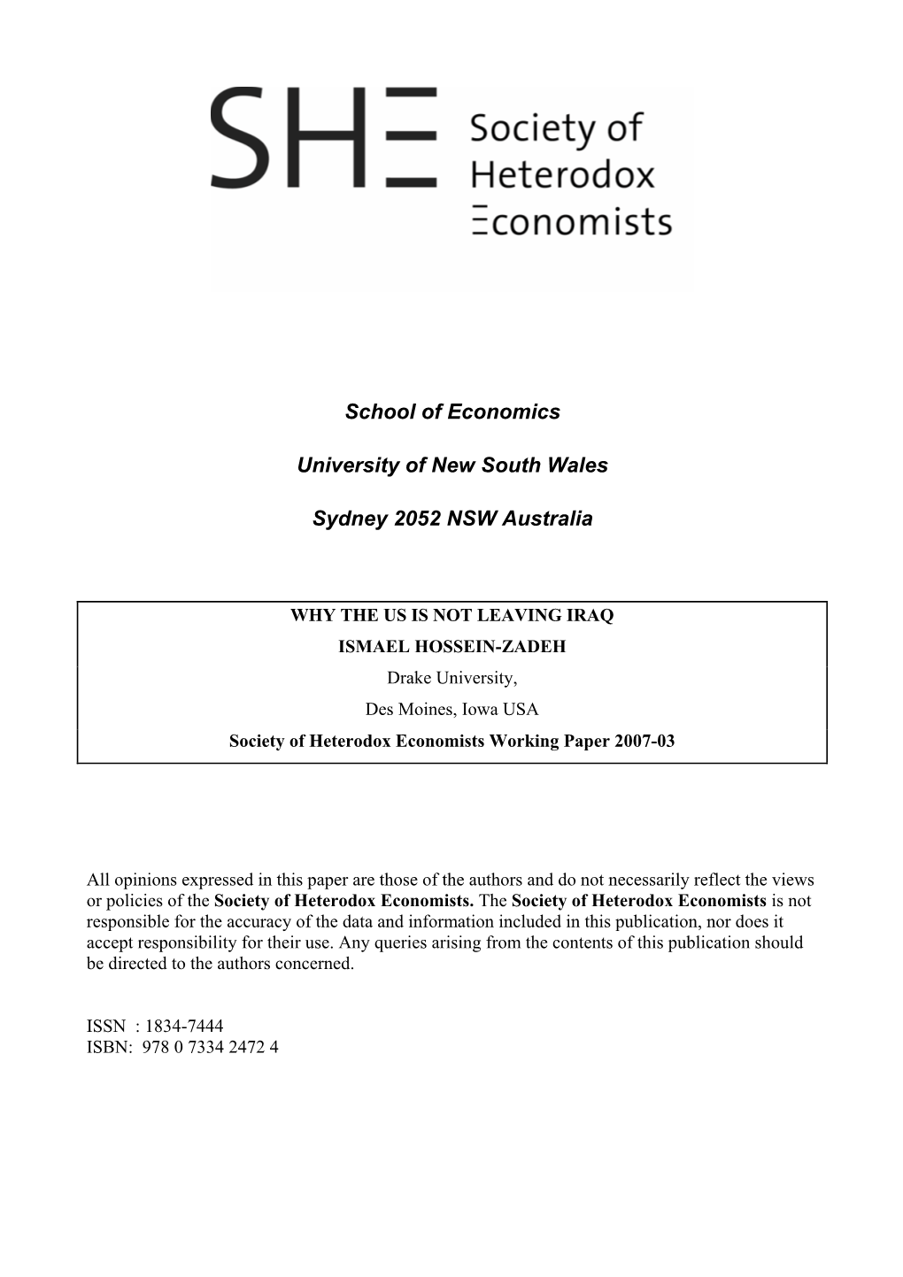 School of Economics University of New South Wales Sydney 2052 NSW Australia