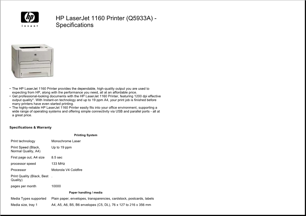 HP Laserjet 1160 Printer (Q5933A) - Specifications