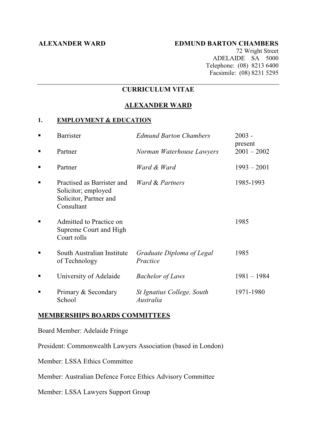 Alexander Ward Curriculum Vitae