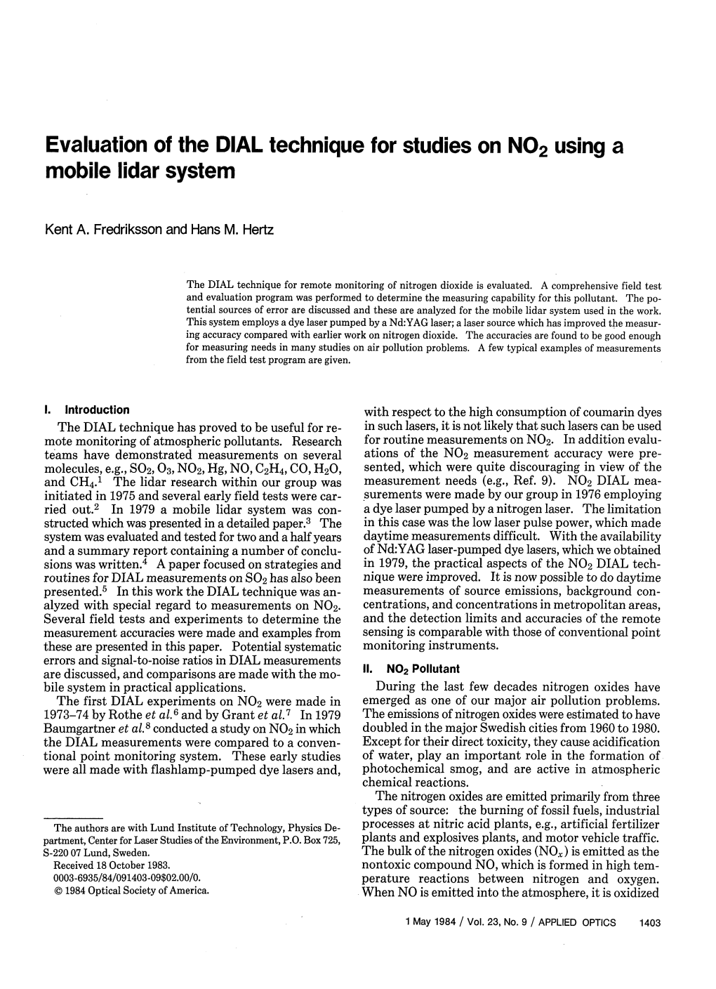 Evaluation of the DIAL Technique for Studies on NO2 Using a Mobile Lidar System