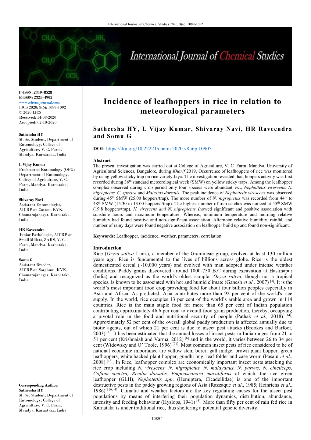 Incidence of Leafhoppers in Rice in Relation to Meteorological Parameters