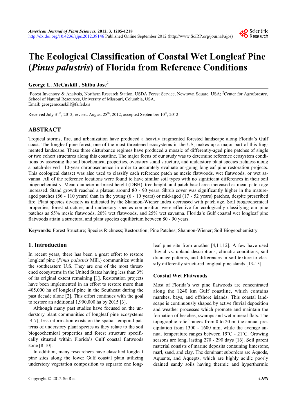 The Ecological Classification of Coastal Wet Longleaf Pine (Pinus Palustris) of Florida from Reference Conditions