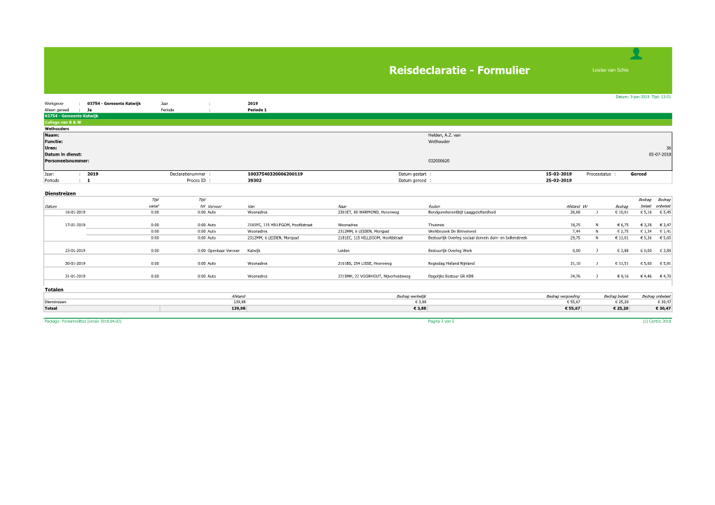 Reisdeclaratie - Formulier Louise Van Schie