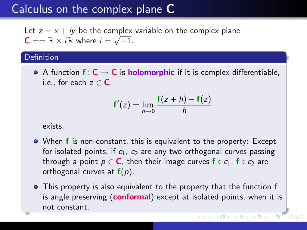 Calculus on the Complex Plane C