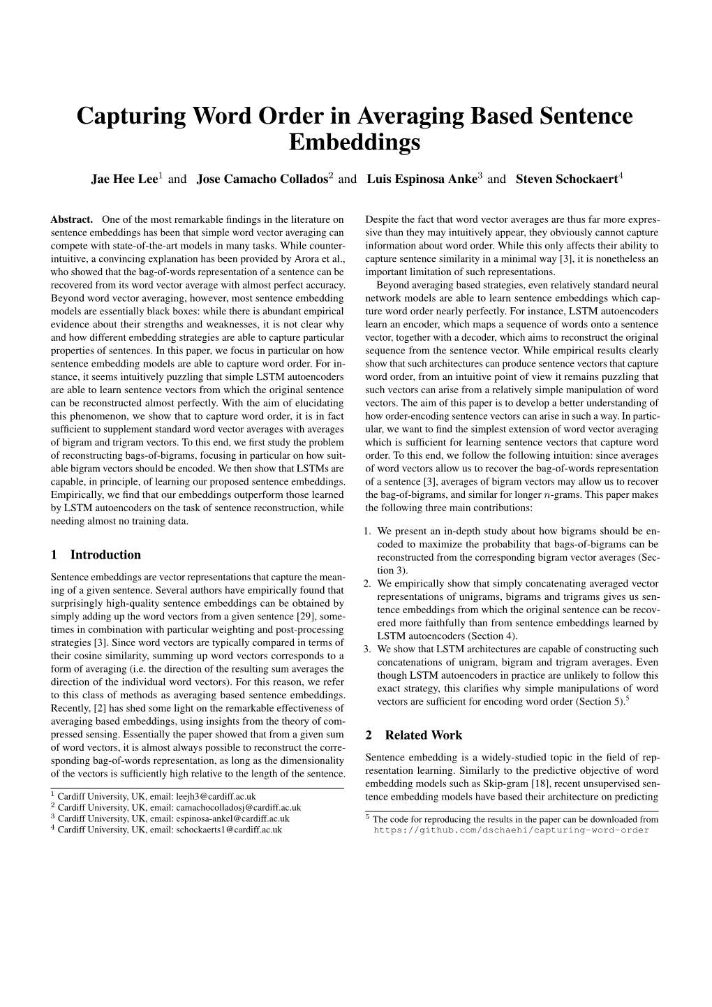 Capturing Word Order in Averaging Based Sentence Embeddings