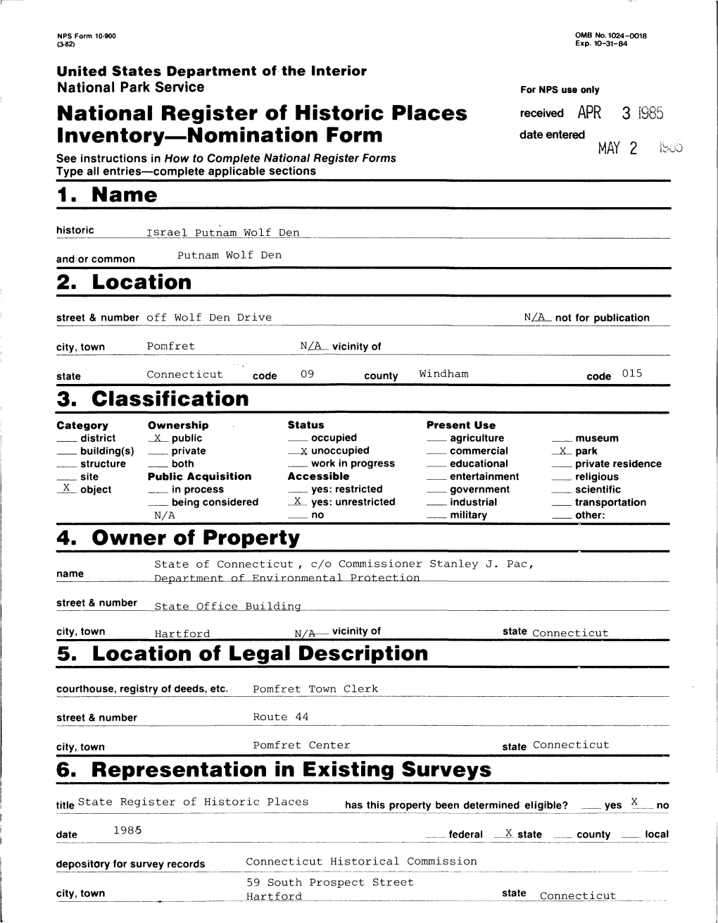 National Register of Historic Places Inventory Nomination Form Israel Putnam Wolf Den Continuation Sheet Pomfret, Connecticut______Item Number 8______Page I