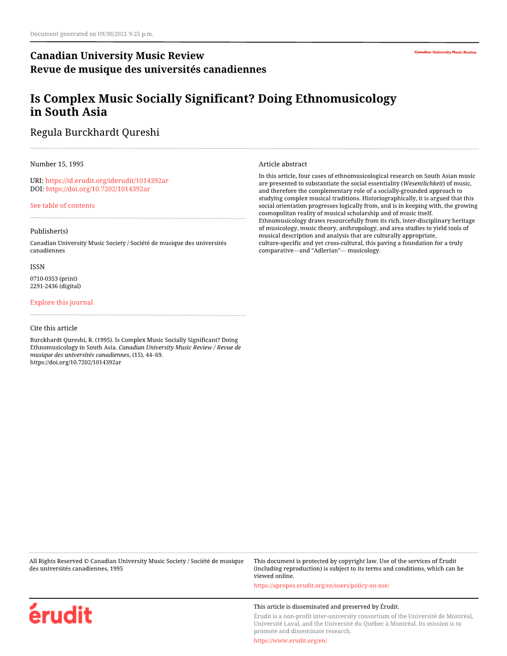 Is Complex Music Socially Significant? Doing Ethnomusicology in South Asia Regula Burckhardt Qureshi