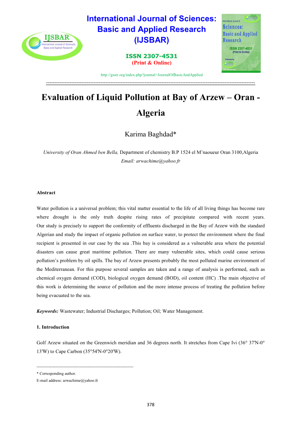 Evaluation of Liquid Pollution at Bay of Arzew – Oran - Algeria
