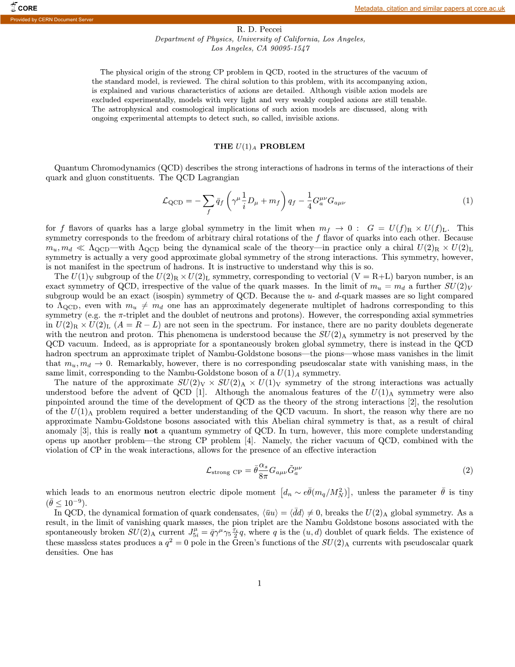 QCD, STRONG CP and AXIONS Metadata, Citation and Similar Papers at Core.Ac.Uk Provided by CERN Document Server R