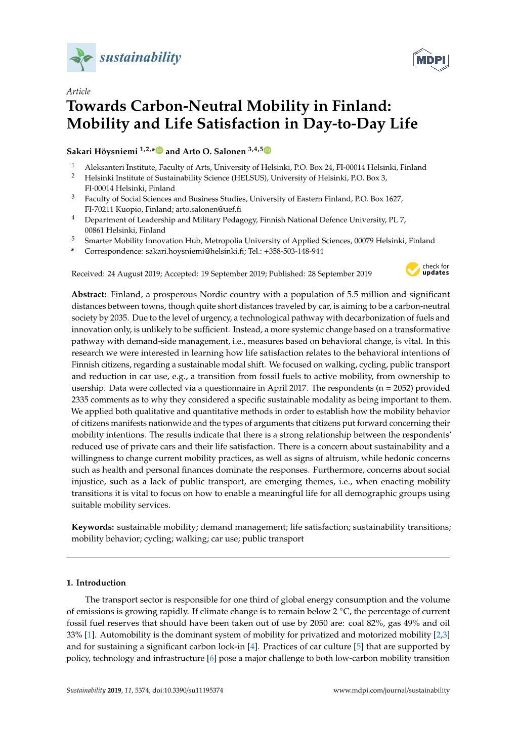 Towards Carbon-Neutral Mobility in Finland: Mobility and Life Satisfaction in Day-To-Day Life