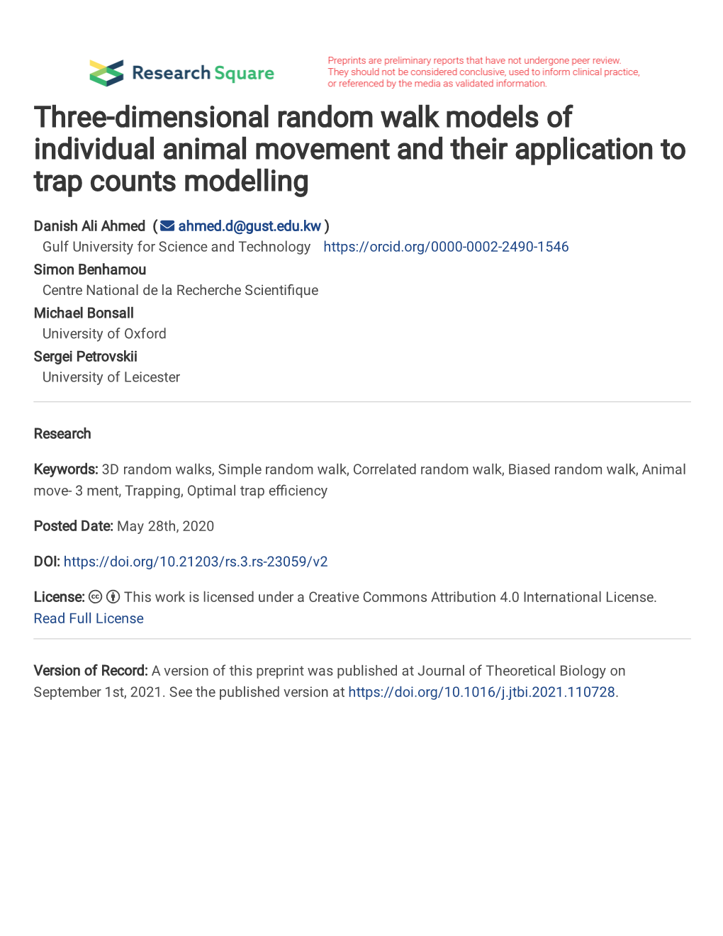 Three-Dimensional Random Walk Models of Individual Animal Movement and Their Application to Trap Counts Modelling