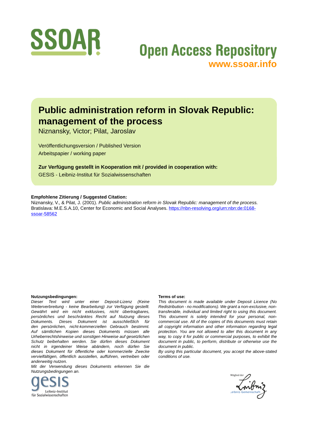 Public Administration Reform in Slovak Republic: Management of the Process Niznansky, Victor; Pilat, Jaroslav