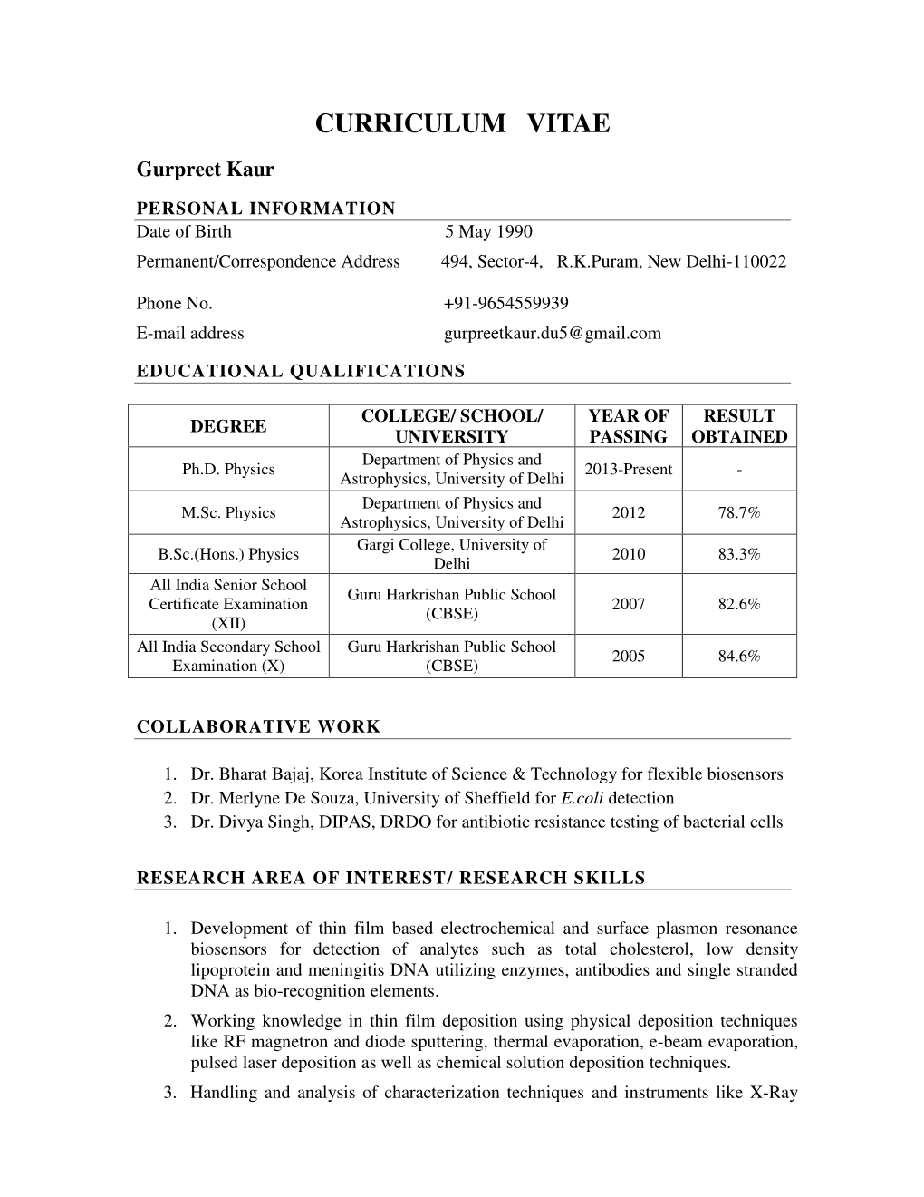 CURRICULUM VITAE Gurpreet Kaur