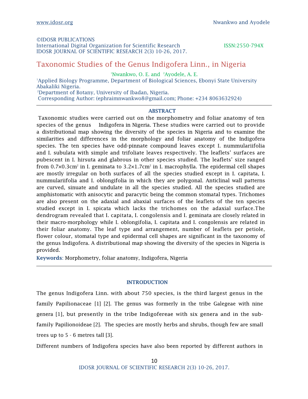 Taxonomic Studies of the Genus Indigofera Linn., in Nigeria 1Nwankwo, O