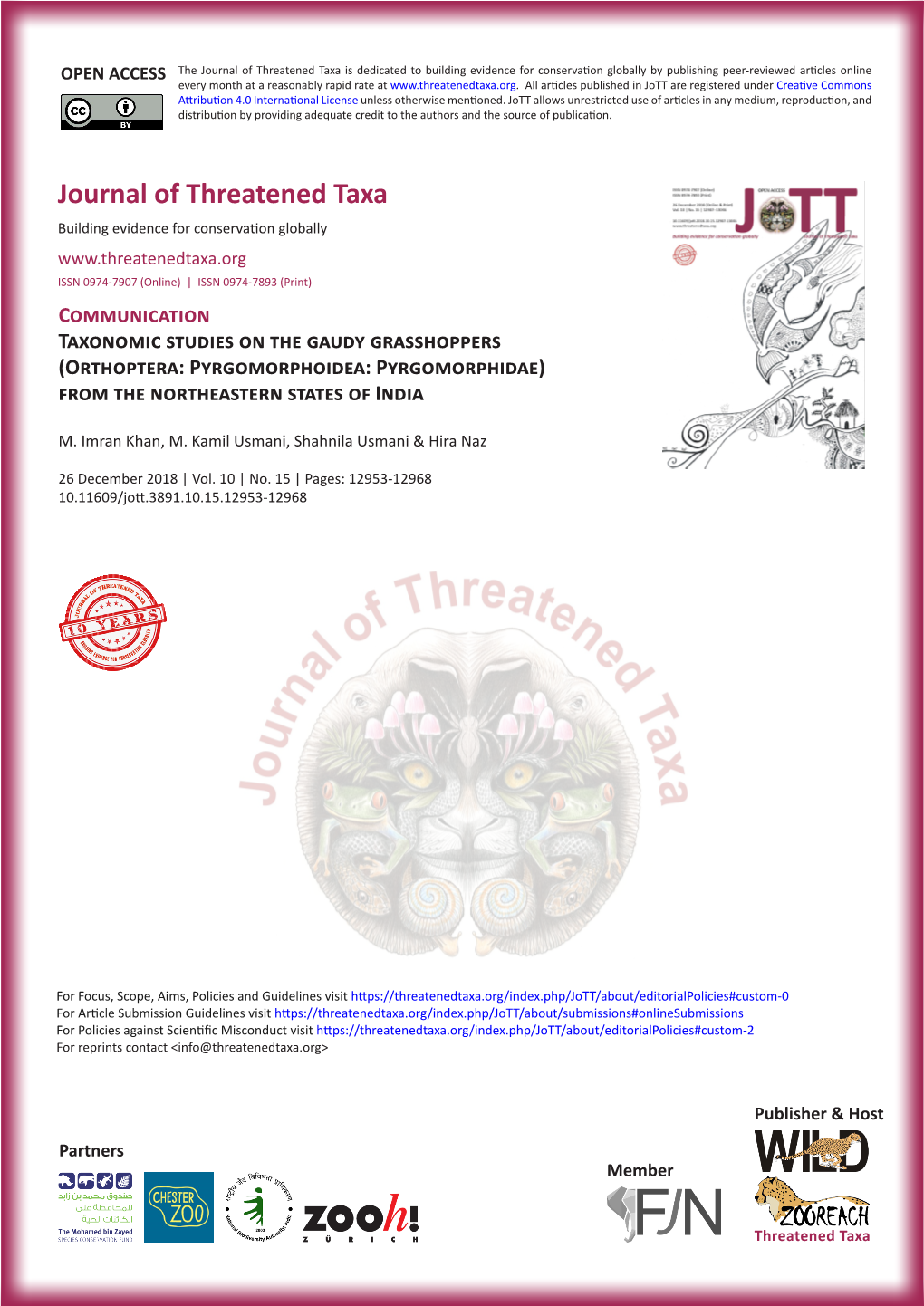 Taxonomic Studies on the Gaudy Grasshoppers (Orthoptera: Pyrgomorphoidea: Pyrgomorphidae) from the Northeastern States of India