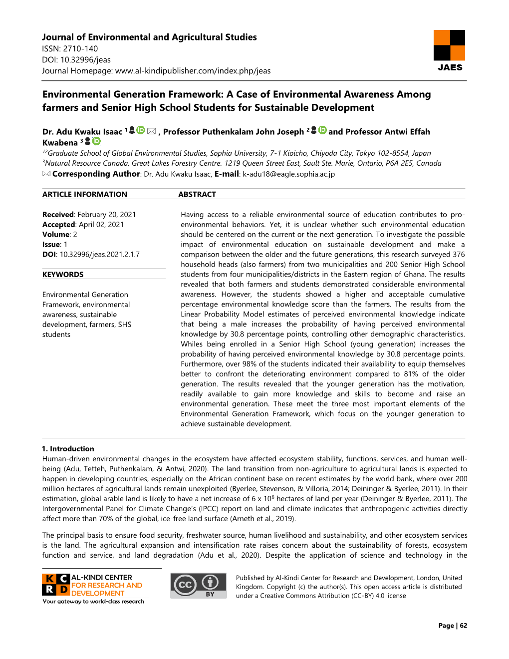 Environmental Generation Framework: a Case of Environmental Awareness Among Farmers and Senior High School Students for Sustainable Development