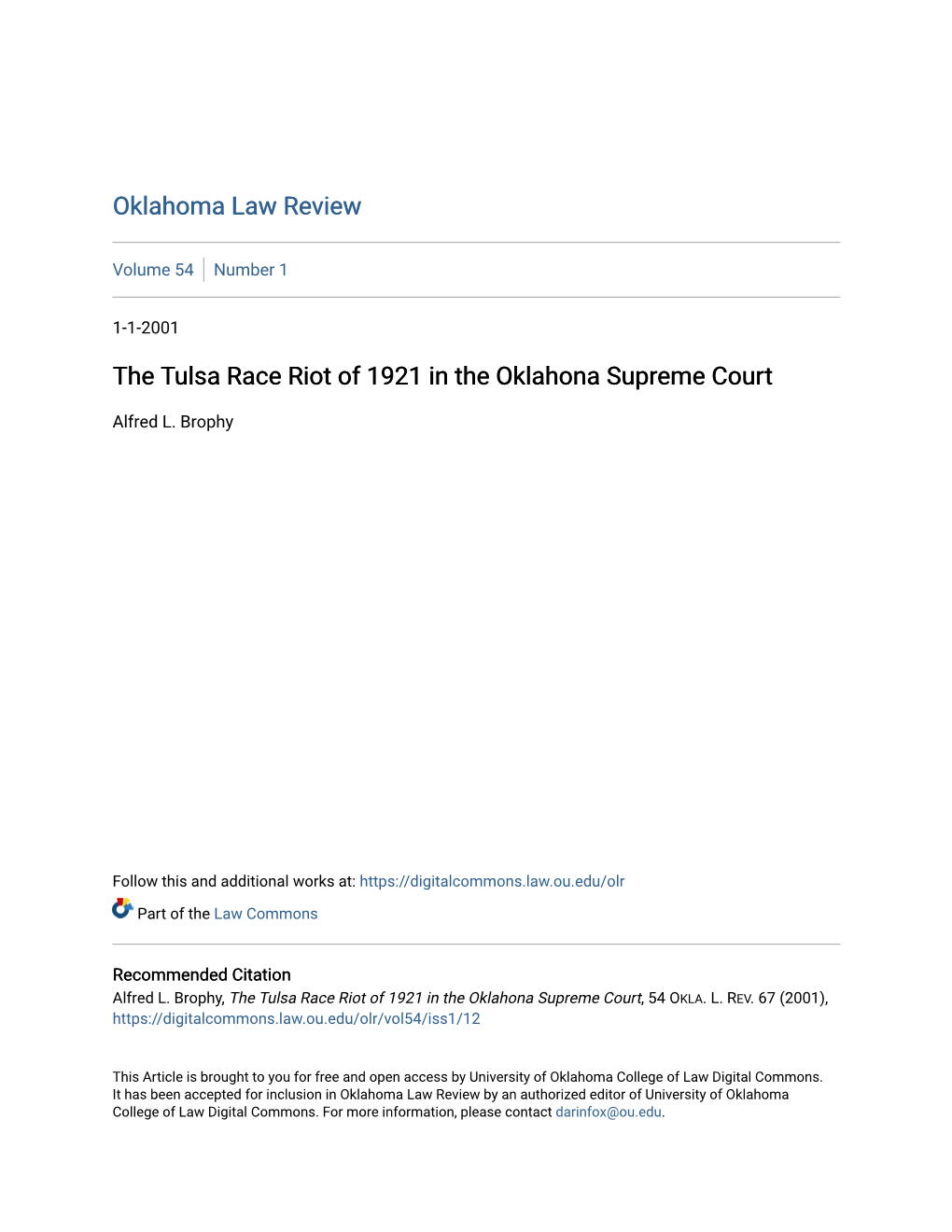 The Tulsa Race Riot of 1921 in the Oklahona Supreme Court