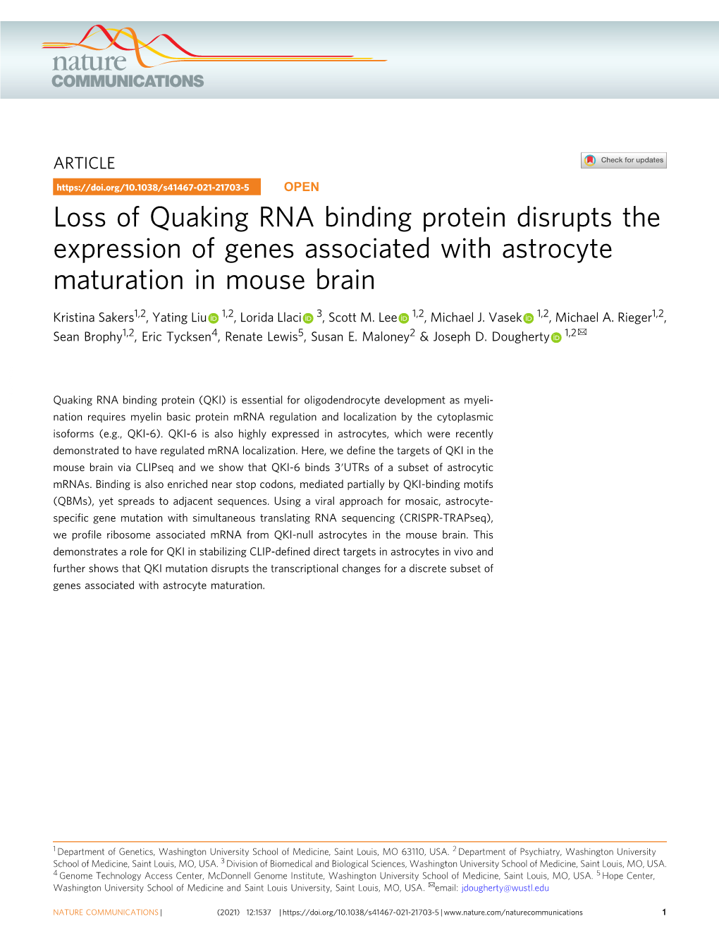 Loss of Quaking RNA Binding Protein Disrupts the Expression of Genes Associated with Astrocyte Maturation in Mouse Brain