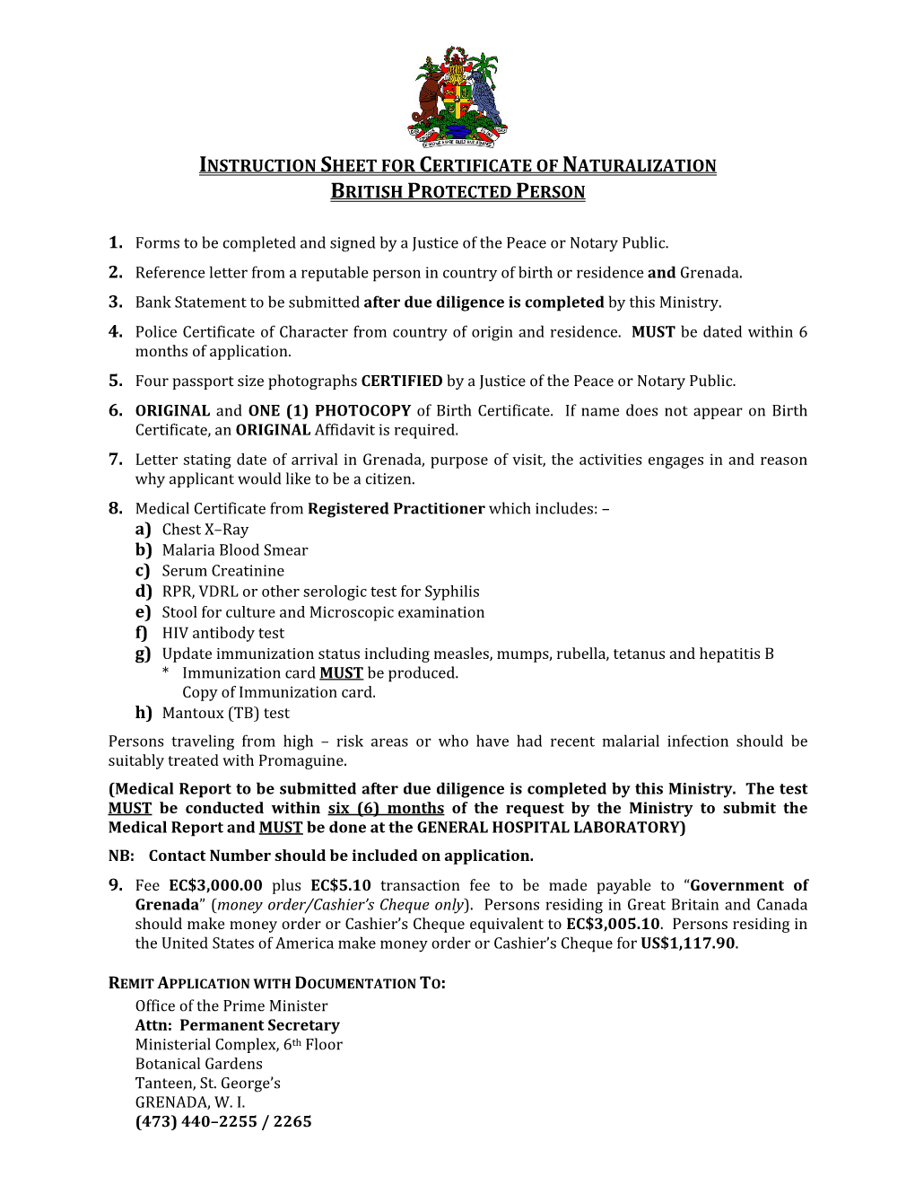 Instruction Sheet for Certificate of Naturalization British Protected Person