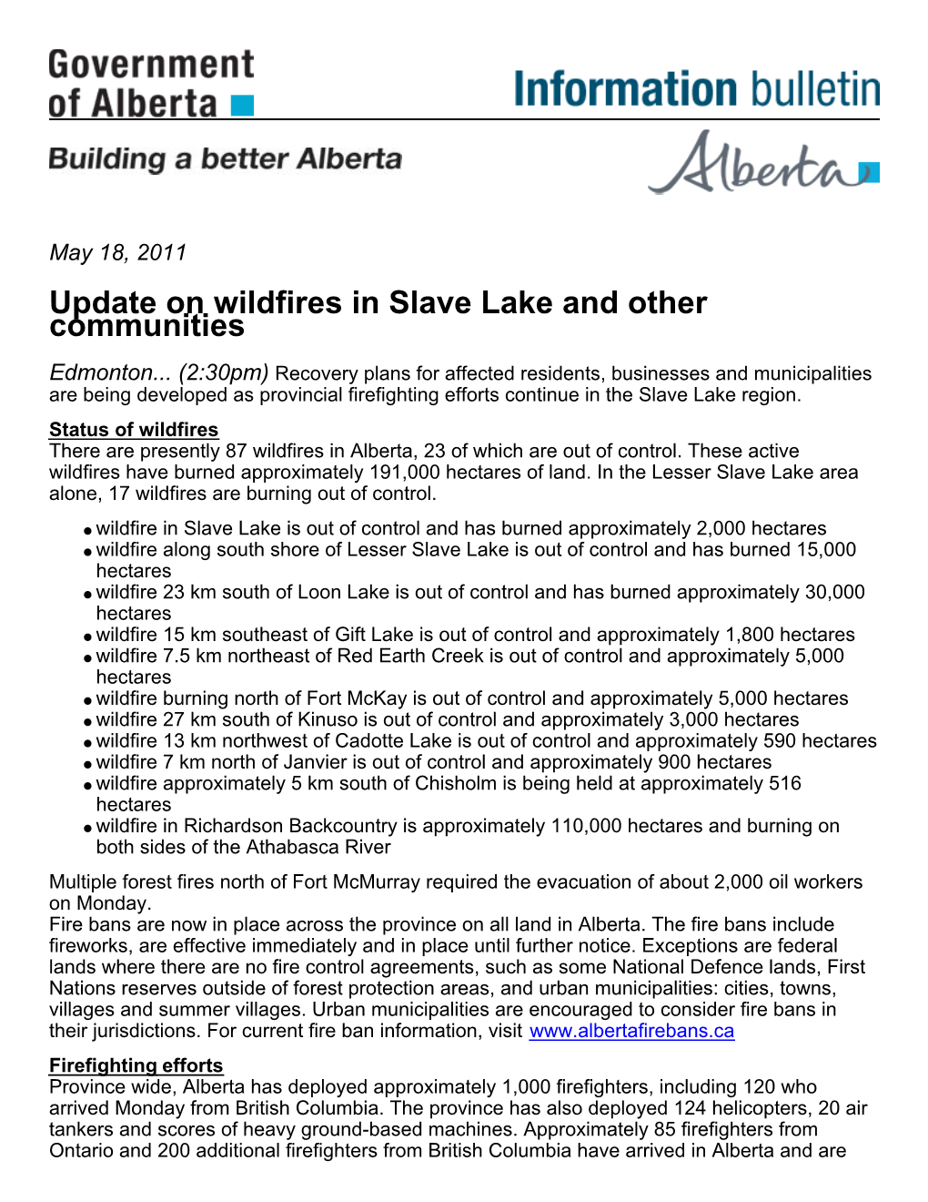 Update on Wildfires in Slave Lake and Other Communities