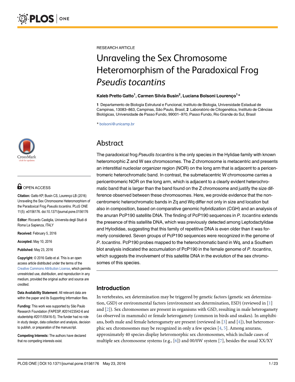 Unraveling the Sex Chromosome Heteromorphism of the Paradoxical Frog Pseudis Tocantins