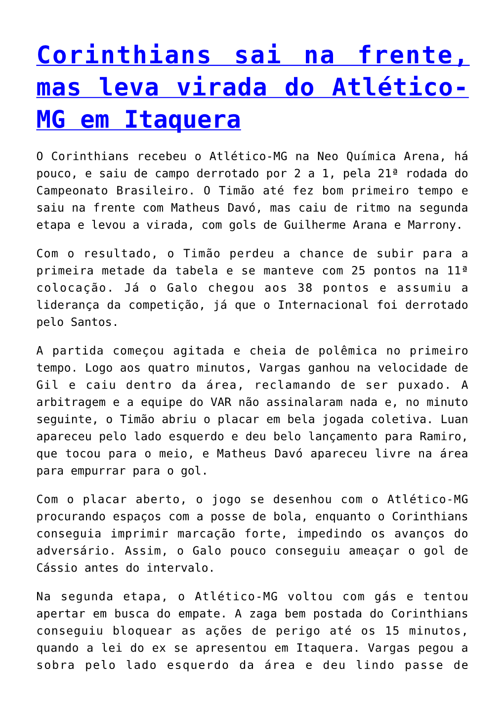 Corinthians Sai Na Frente, Mas Leva Virada Do Atlético-MG Em Itaquera,Santos Supera Desfalques Com Meninos Da Vila E Vence