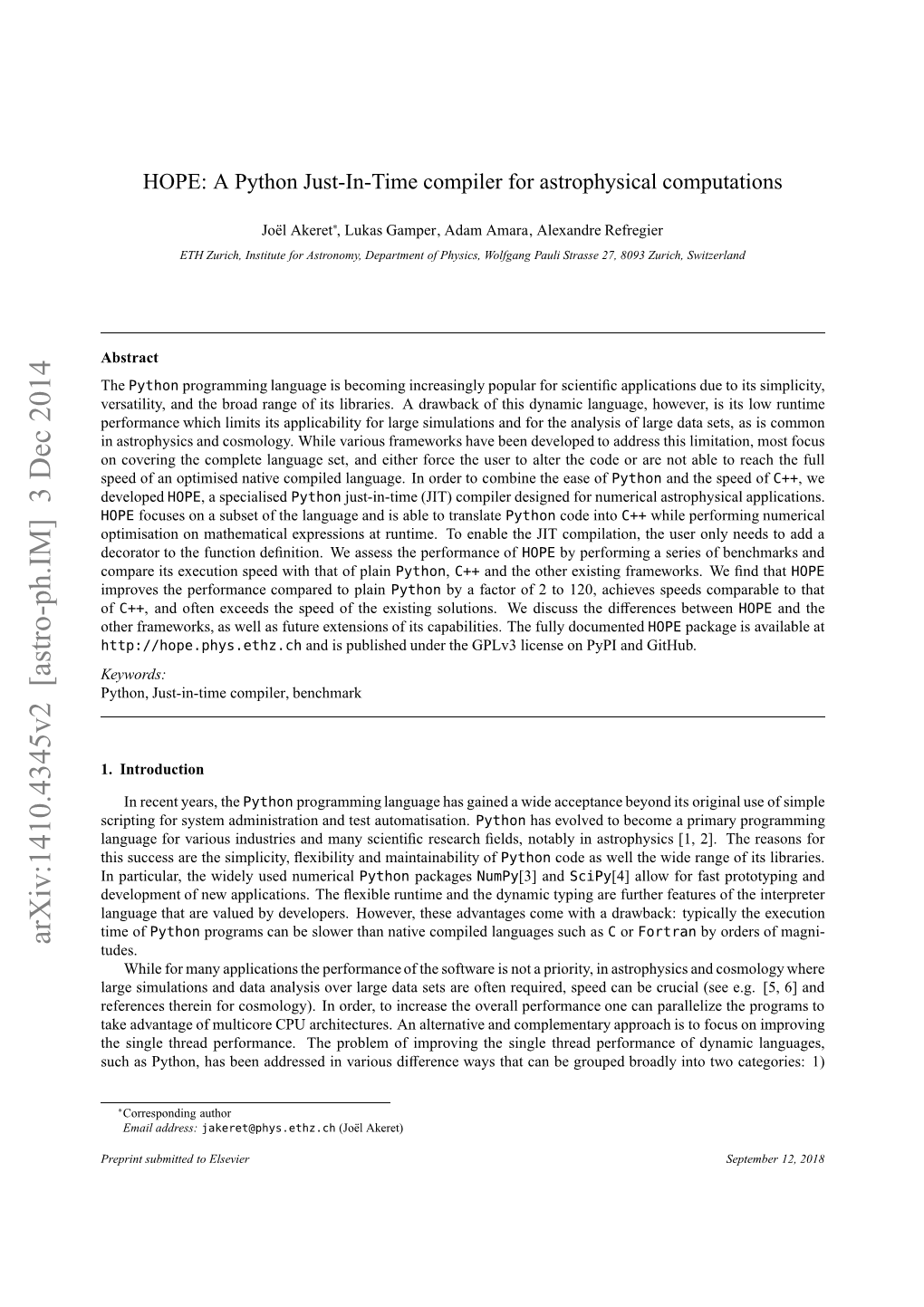 HOPE: a Python Just-In-Time Compiler for Astrophysical Computations