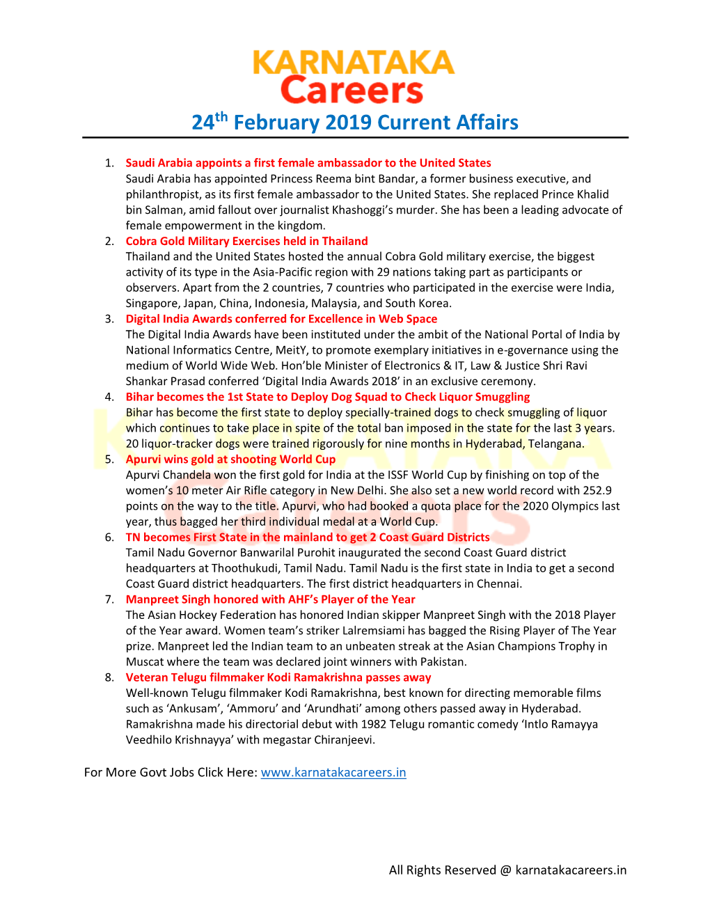 24Th February 2019 Current Affairs