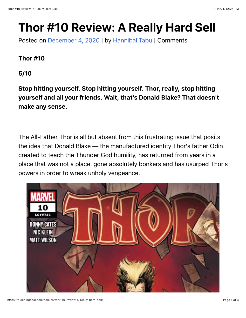 Thor #10 Review: a Really Hard Sell 1/14/21, 12:24 PM Thor #10 Review: a Really Hard Sell Posted on December 4, 2020 | by Hannibal Tabu | Comments