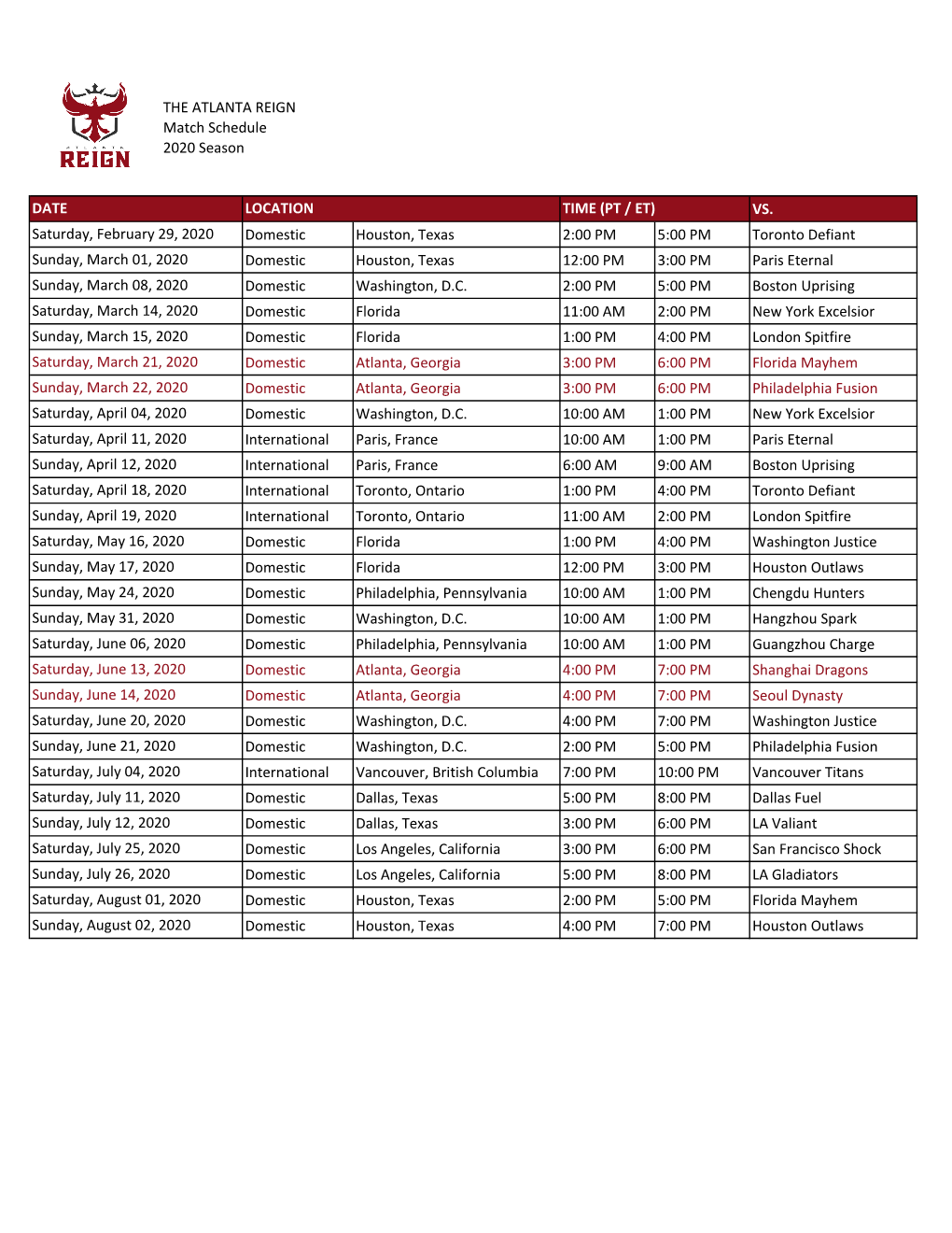 THE ATLANTA REIGN Match Schedule 2020 Season VS. Domestic