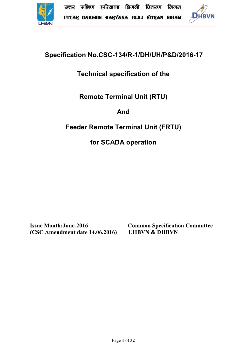 Specification No.CSC-134/R-1/DH/UH/P&D/2016